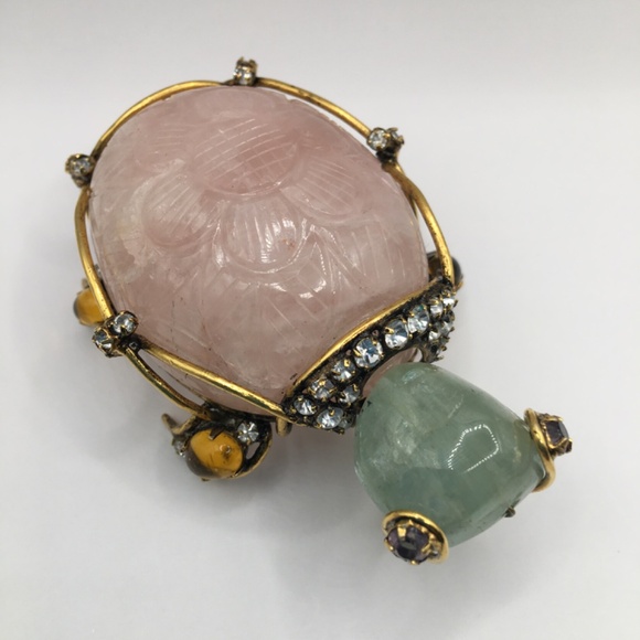 IRADJ MOINI Vintage Costume Jewelry Large Turtle Gemstone Brooch Pin Pink Quartz - Picture 4 of 11
